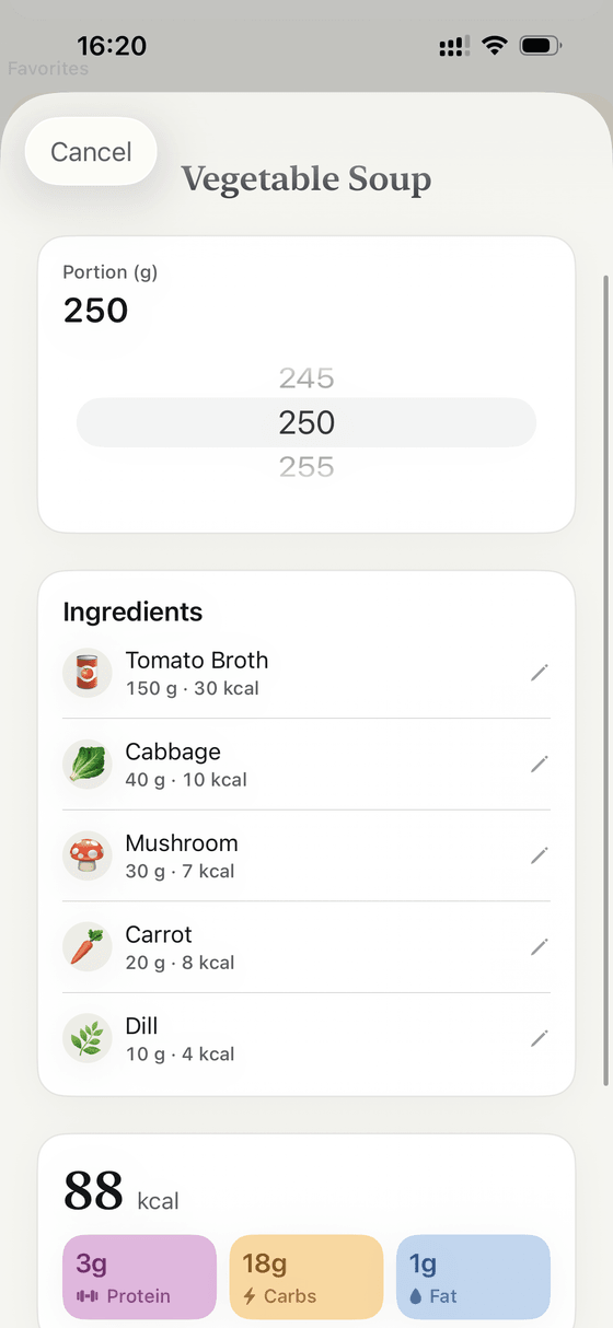 Cibo iPhone screen showing AI-recognized meal with calories, protein, carbs, fat